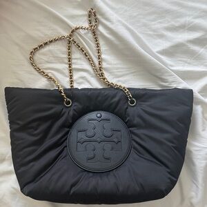 Tory Burch Black Quilted Nylon Tote with Gold Chain Straps